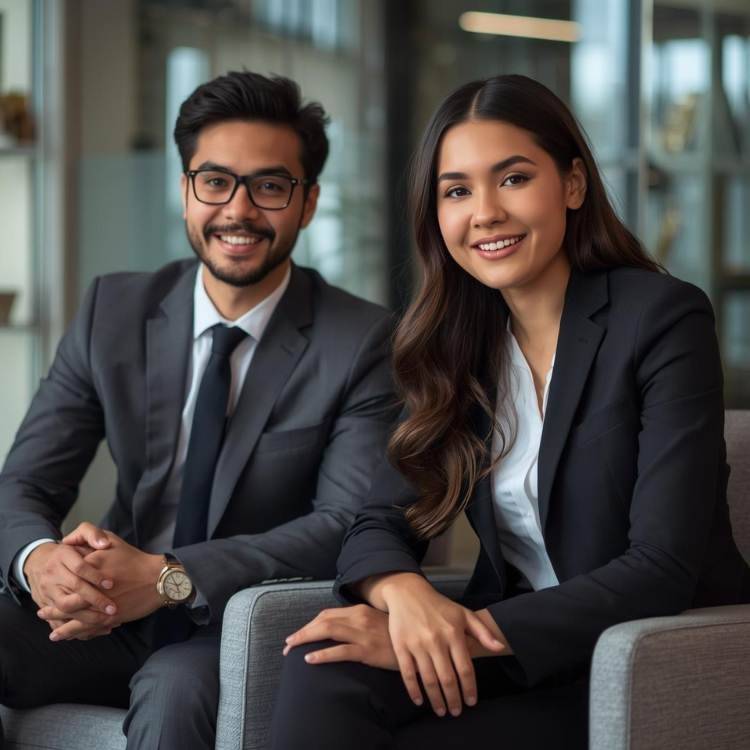 A professional young man and woman sitting in an interview